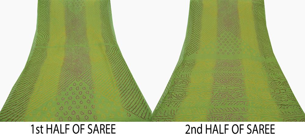 Women Vintage Green Saree Pure Georgette Silk Bandhani Printed Sari Craft Fabric Sewing 5Yard Soft Light Sari Dress Making Quilting Crafting