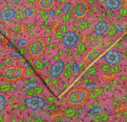 Indian Vintage Pink Saree Pure Chiffon Silk Printed Sari 5Yd Craft Fabric Sewing Soft Light Dress Making Zari Crafting Quilting Upcycle