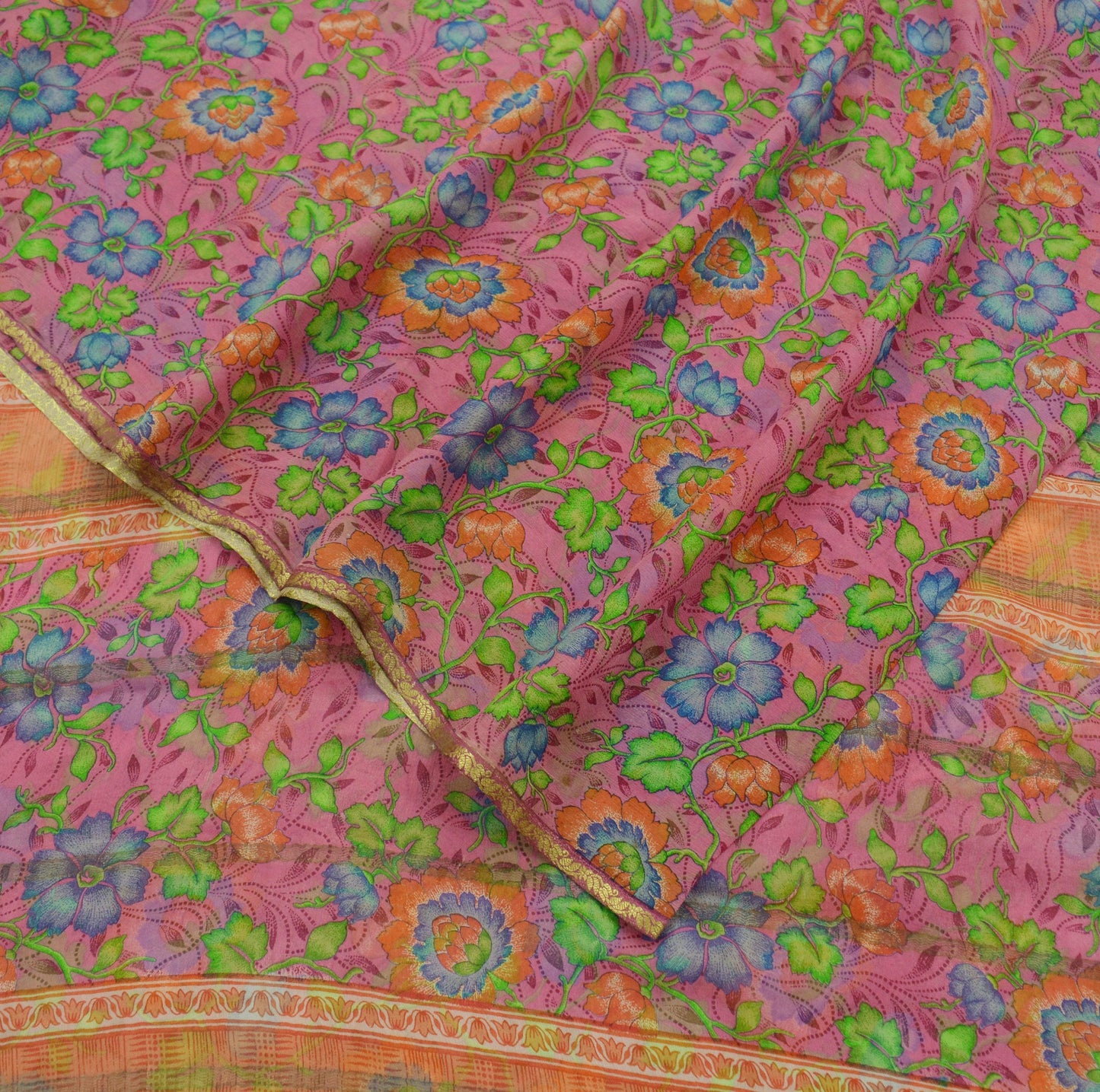 Indian Vintage Pink Saree Pure Chiffon Silk Printed Sari 5Yd Craft Fabric Sewing Soft Light Dress Making Zari Crafting Quilting Upcycle