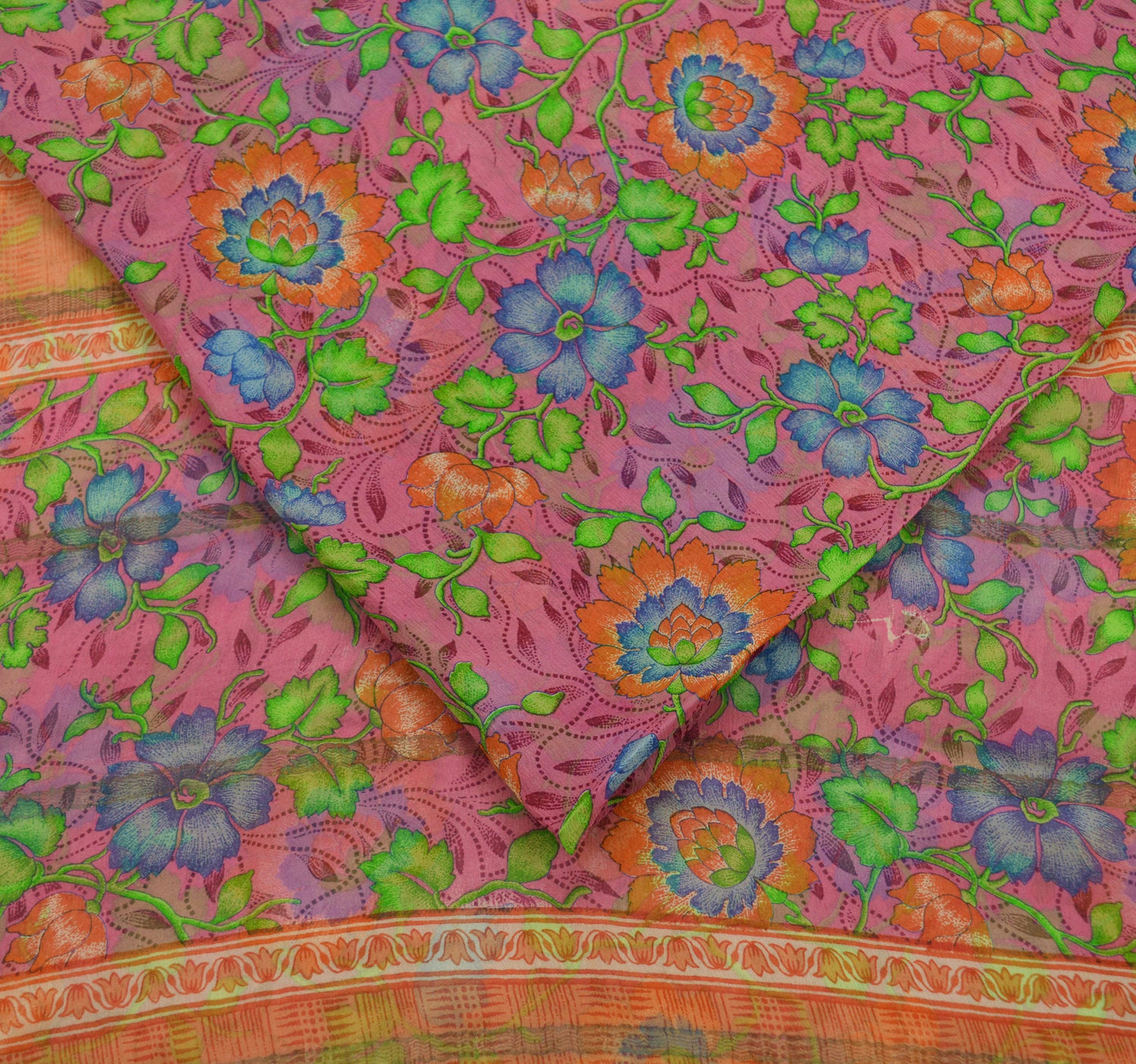 Indian Vintage Pink Saree Pure Chiffon Silk Printed Sari 5Yd Craft Fabric Sewing Soft Light Dress Making Zari Crafting Quilting Upcycle