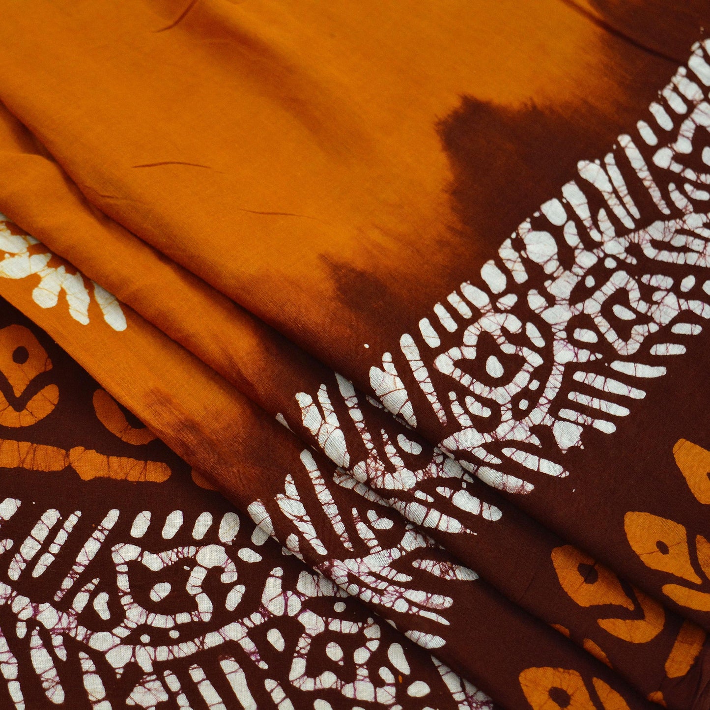 Indian Vintage Saffron & Brown Saree Batik Printed 100% Pure Cotton Sari Craft Fabric Soft 5Yd Sewing Sarong Wrap Boho Dress Making Upcycle
