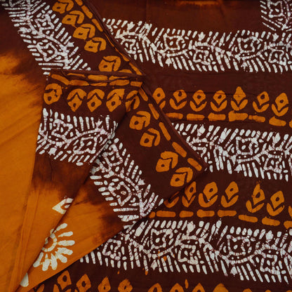 Indian Vintage Saffron & Brown Saree Batik Printed 100% Pure Cotton Sari Craft Fabric Soft 5Yd Sewing Sarong Wrap Boho Dress Making Upcycle