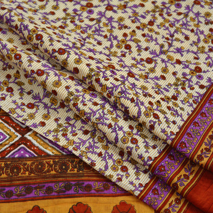Indian Vintage Sari Ivory & Saffron Pure Cotton Printed Saree 5Yd Craft Fabric Sewing Sarong Wrap Boho Stripes Quilting crafting dressmaking