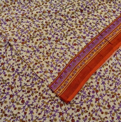 Indian Vintage Sari Ivory & Saffron Pure Cotton Printed Saree 5Yd Craft Fabric Sewing Sarong Wrap Boho Stripes Quilting crafting dressmaking