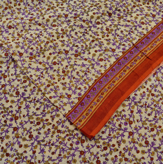Indian Vintage Sari Ivory & Saffron Pure Cotton Printed Saree 5Yd Craft Fabric Sewing Sarong Wrap Boho Stripes Quilting crafting dressmaking