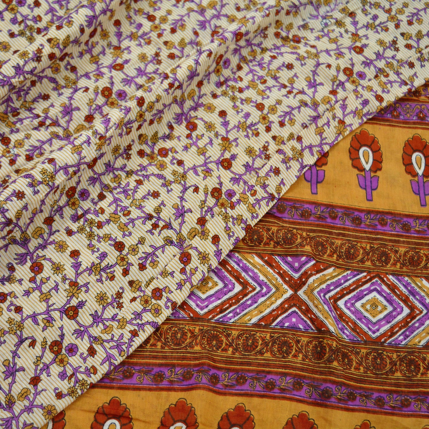 Indian Vintage Sari Ivory & Saffron Pure Cotton Printed Saree 5Yd Craft Fabric Sewing Sarong Wrap Boho Stripes Quilting crafting dressmaking