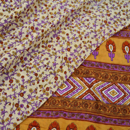 Indian Vintage Sari Ivory & Saffron Pure Cotton Printed Saree 5Yd Craft Fabric Sewing Sarong Wrap Boho Stripes Quilting crafting dressmaking