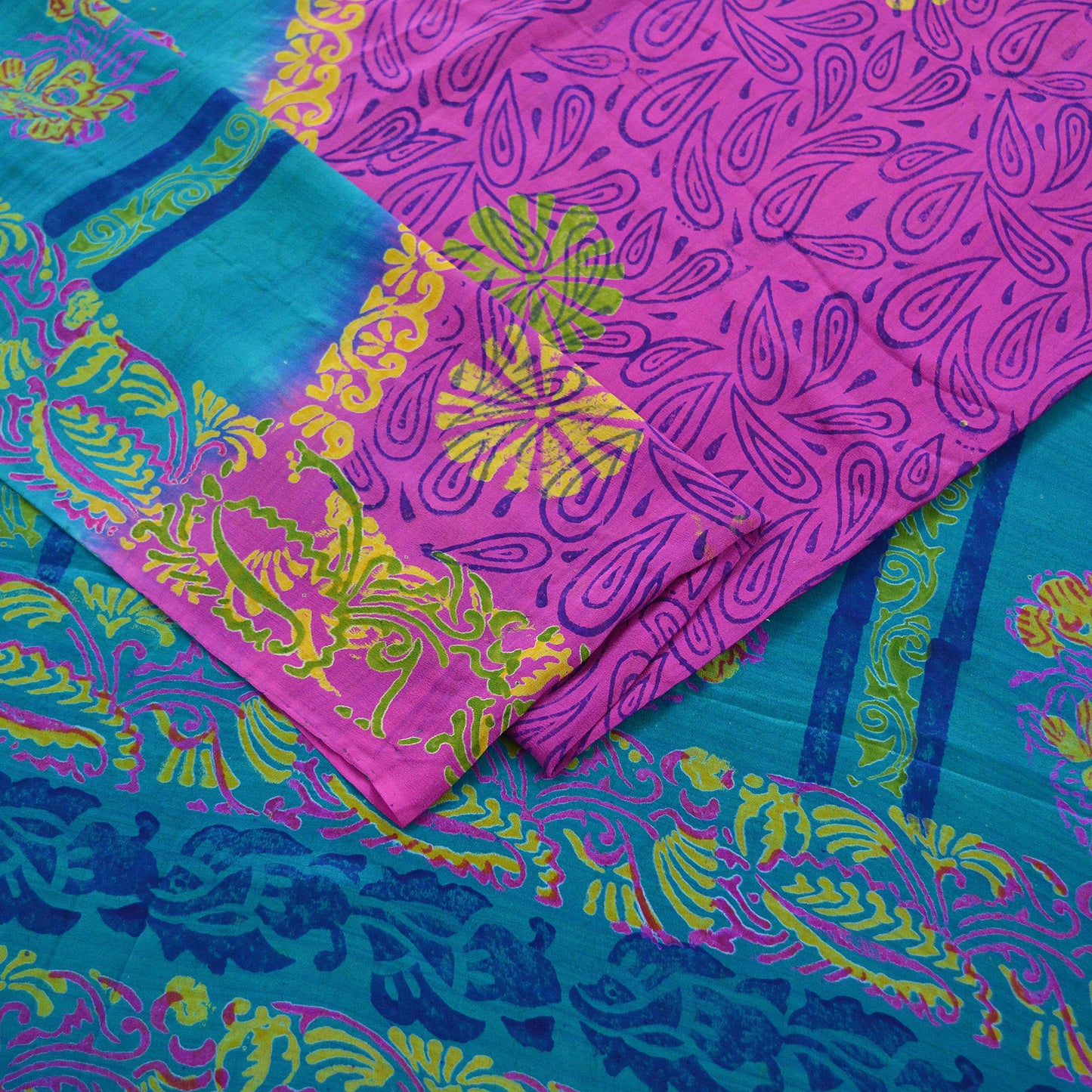 Indian Vintage Sari Green & Purple Pure Crepe Silk Block Printed Saree 5yd Sewing Floral Craft Fabric Wrap Dress Making Quilting Crafting