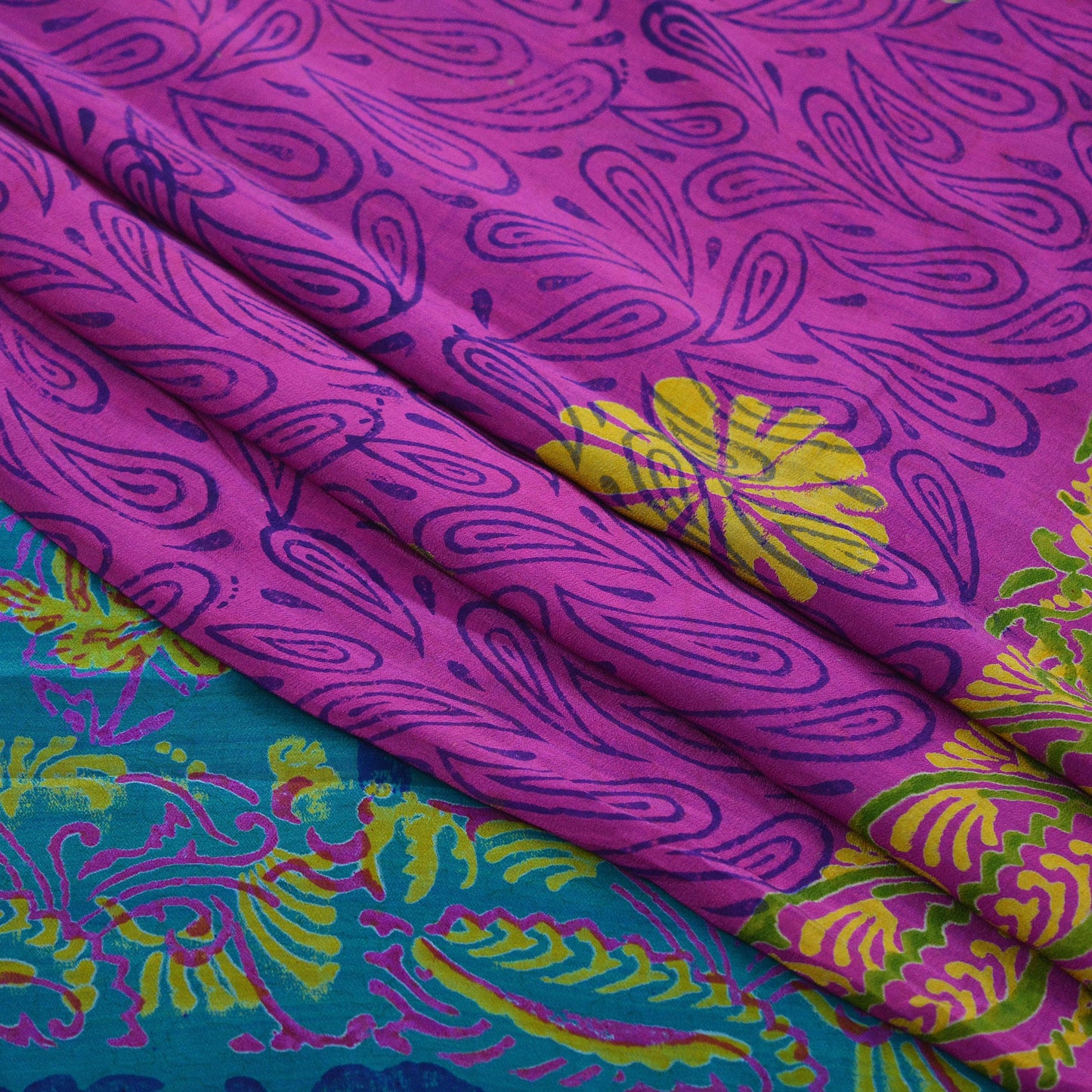 Indian Vintage Sari Green & Purple Pure Crepe Silk Block Printed Saree 5yd Sewing Floral Craft Fabric Wrap Dress Making Quilting Crafting