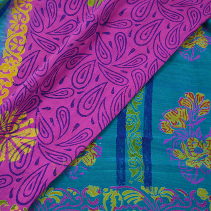 Indian Vintage Sari Green & Purple Pure Crepe Silk Block Printed Saree 5yd Sewing Floral Craft Fabric Wrap Dress Making Quilting Crafting