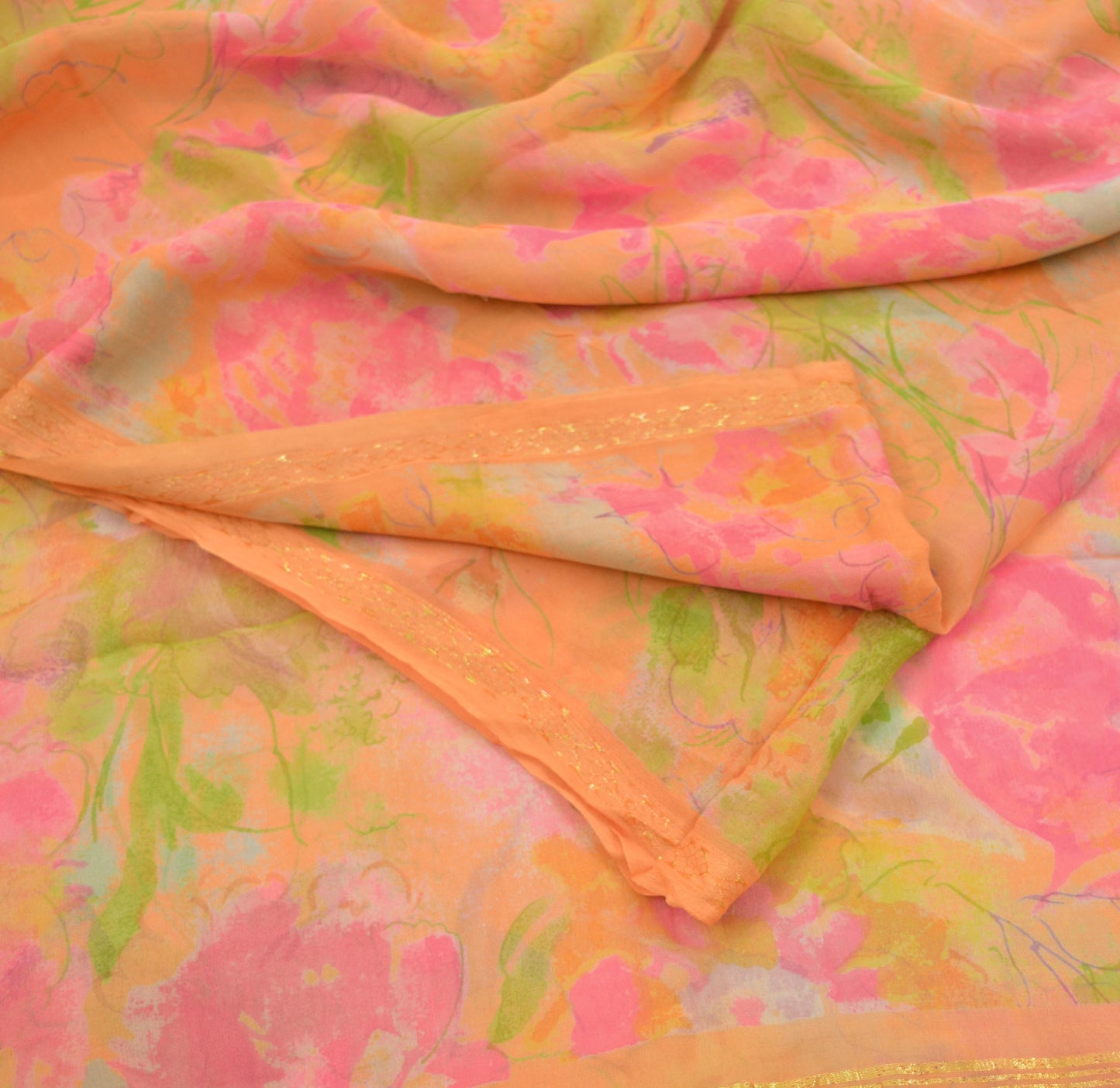 Indian Vintage Sari Orange 100% Pure Silk Printed Sarees 5yd Sewing Craft Fabric Zari Dress Making Soft Wrap Quilting Used Crafting Upcycle