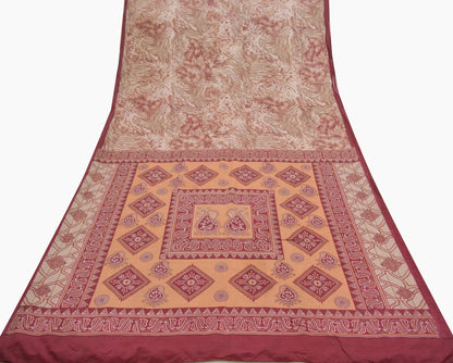 Indian Vintage Sari Maroon/Cream 100% Pure Silk Printed Sarees Craft Fabric 6yd Sewing Soft Dress Designing for Crafting Abstract Quilting