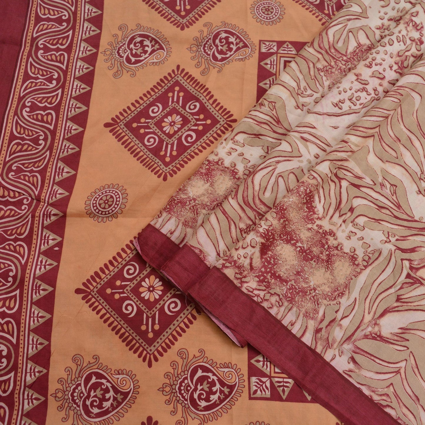 Indian Vintage Sari Maroon/Cream 100% Pure Silk Printed Sarees Craft Fabric 6yd Sewing Soft Dress Designing for Crafting Abstract Quilting