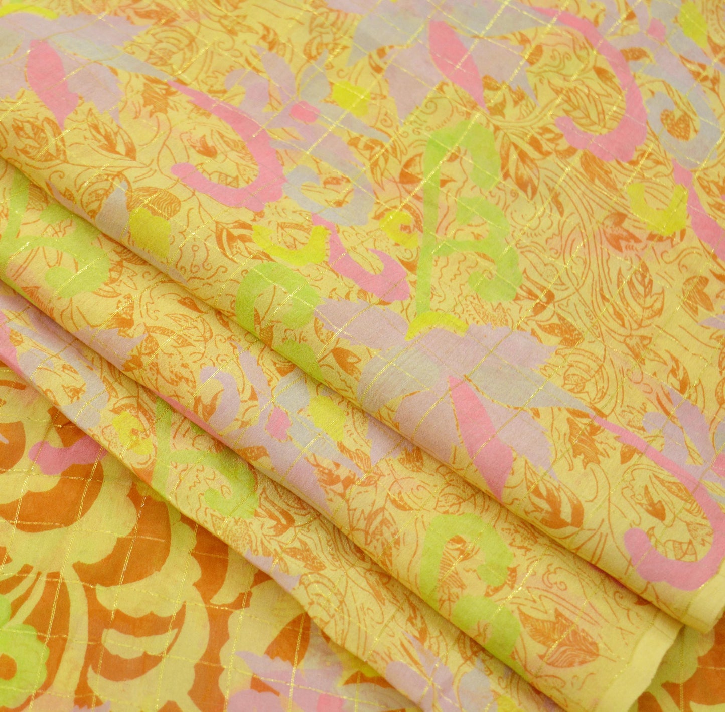 Indian Vintage Sari Yellow Pure Silk Printed Saree 6yd Sewing Craft Fabric DressMaking Soft