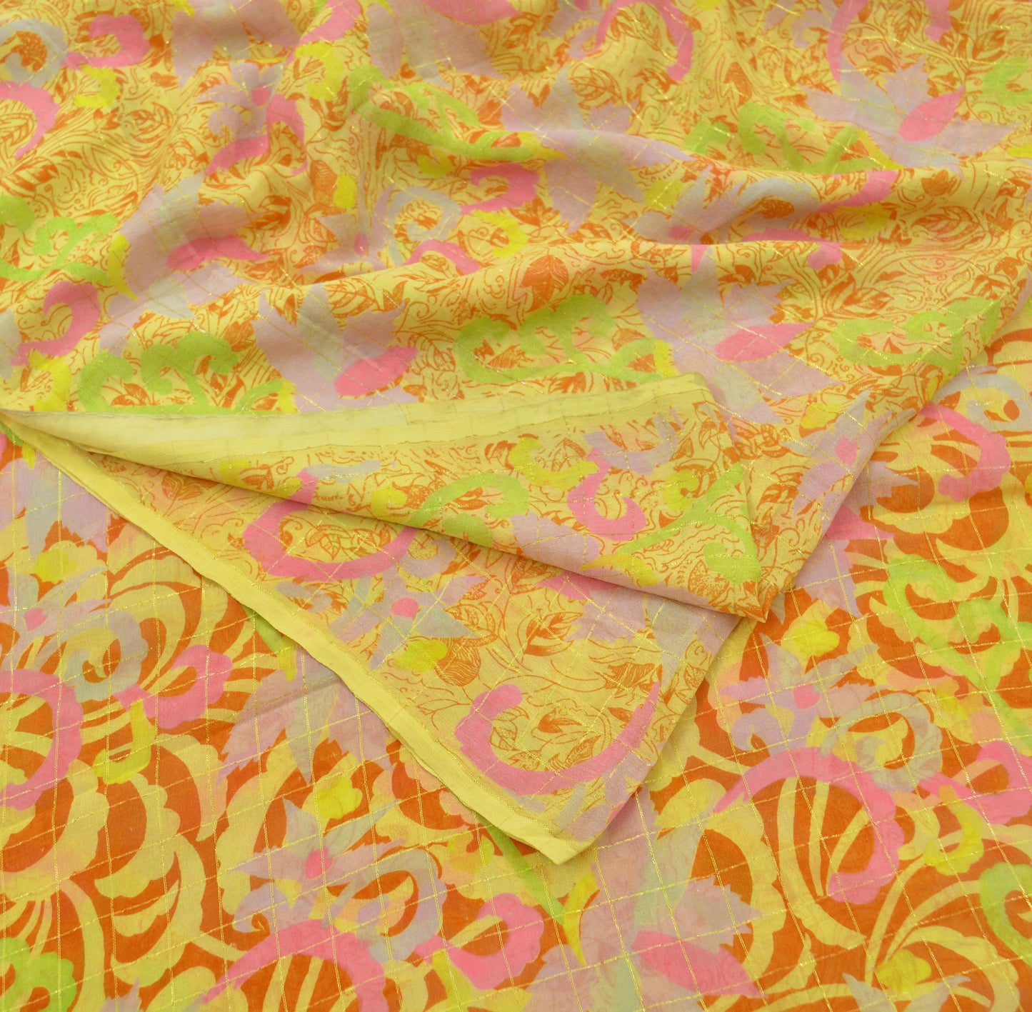 Indian Vintage Sari Yellow Pure Silk Printed Saree 6yd Sewing Craft Fabric DressMaking Soft