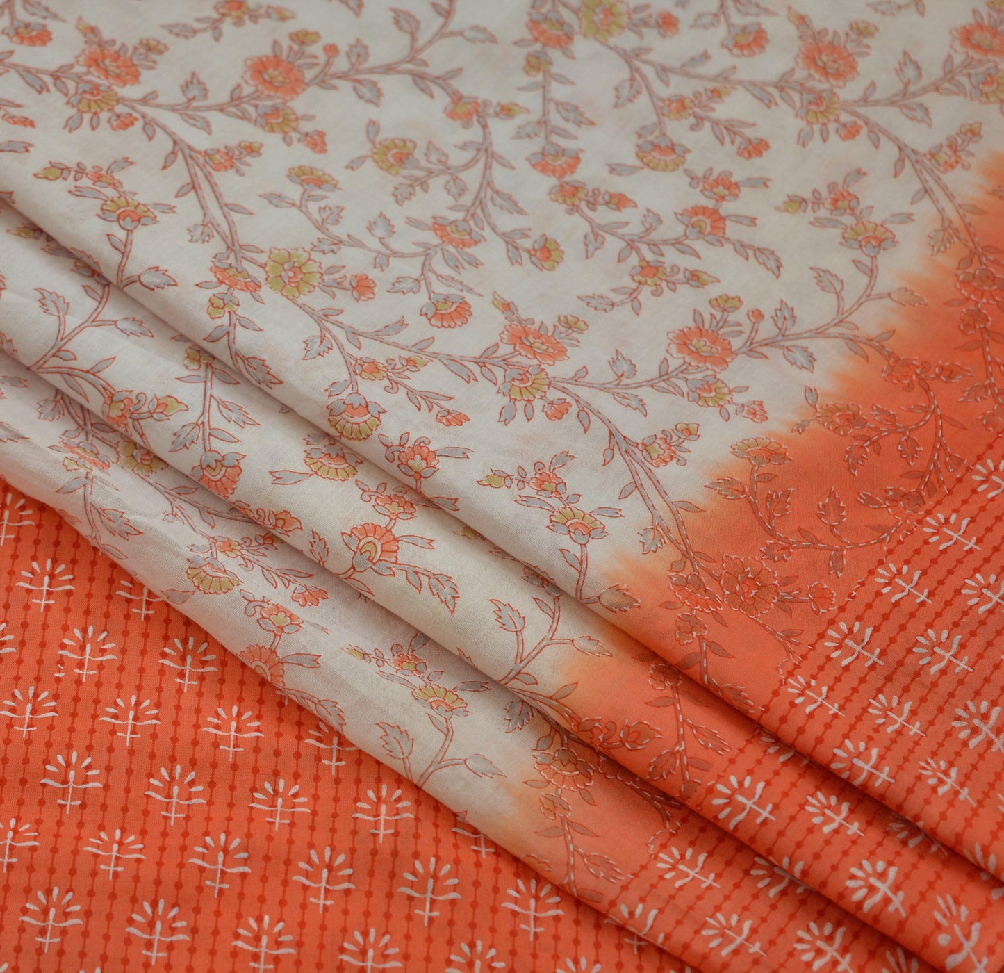 Indian Vintage Sari White & Peach Printed 100% Pure Cotton Sarees Craft Fabric Soft 5Yd Sewing Sarong Wrap Boho Floral Quilting Crafting