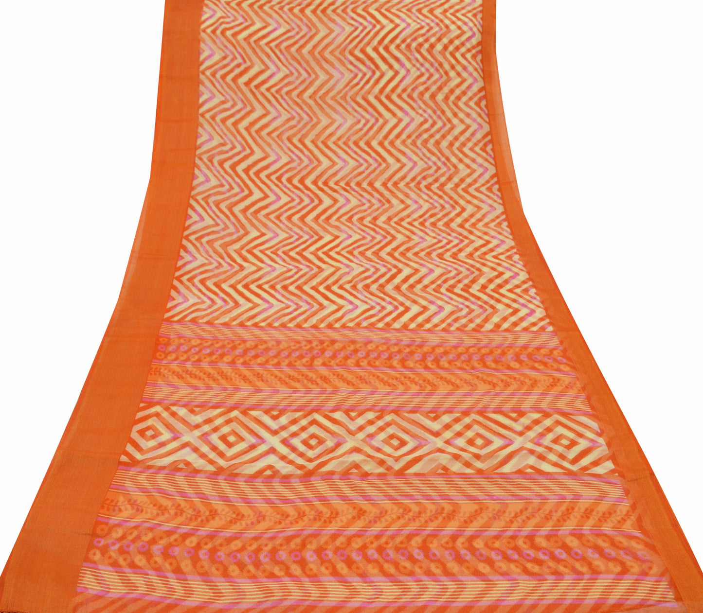 Indian Vintage Sari Orange & Beige Printed Chanderi Cotton Craft Fabric 5Yd Sewing Zigzag Soft Dress Making Bollywood sarees Crafting Zari