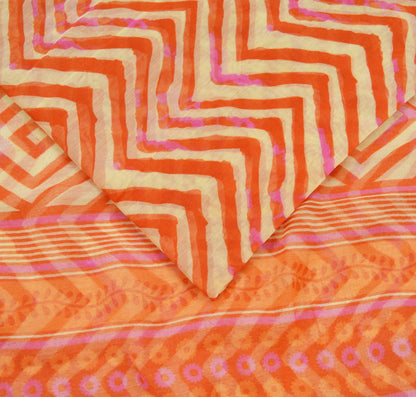 Indian Vintage Sari Orange & Beige Printed Chanderi Cotton Craft Fabric 5Yd Sewing Zigzag Soft Dress Making Bollywood sarees Crafting Zari