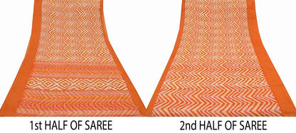 Indian Vintage Sari Orange & Beige Printed Chanderi Cotton Craft Fabric 5Yd Sewing Zigzag Soft Dress Making Bollywood sarees Crafting Zari