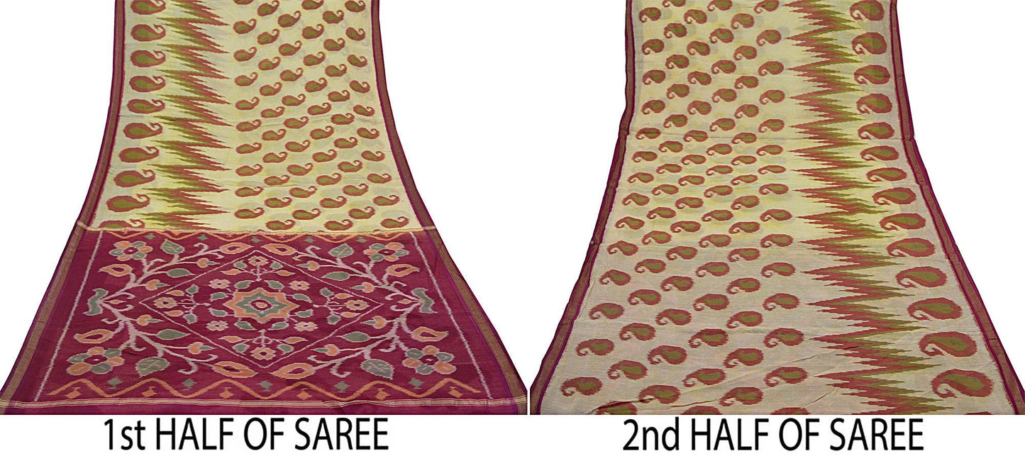 Indian Vintage Sarees Maroon & Ivory Pure Cotton Hand woven Sambalpuri Ikat sari Craft Fabric 5Yd Ethnic Border Dress Making Quilting