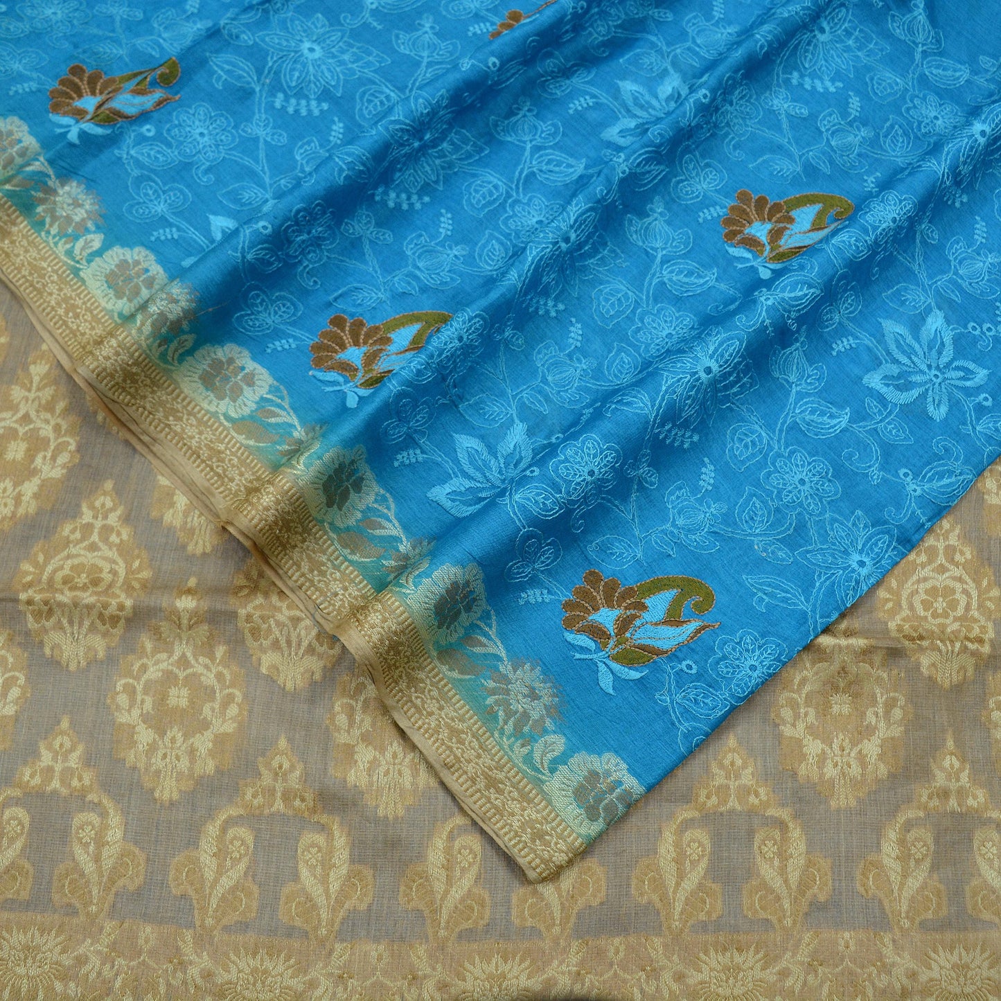 Indian Vintage Blue & Beige Sarees Pure Tussar Silk Hand Woven Sari Craft Fabric 5Yd Sewing Ethnic Dress making Upcycle Crafting Quilting