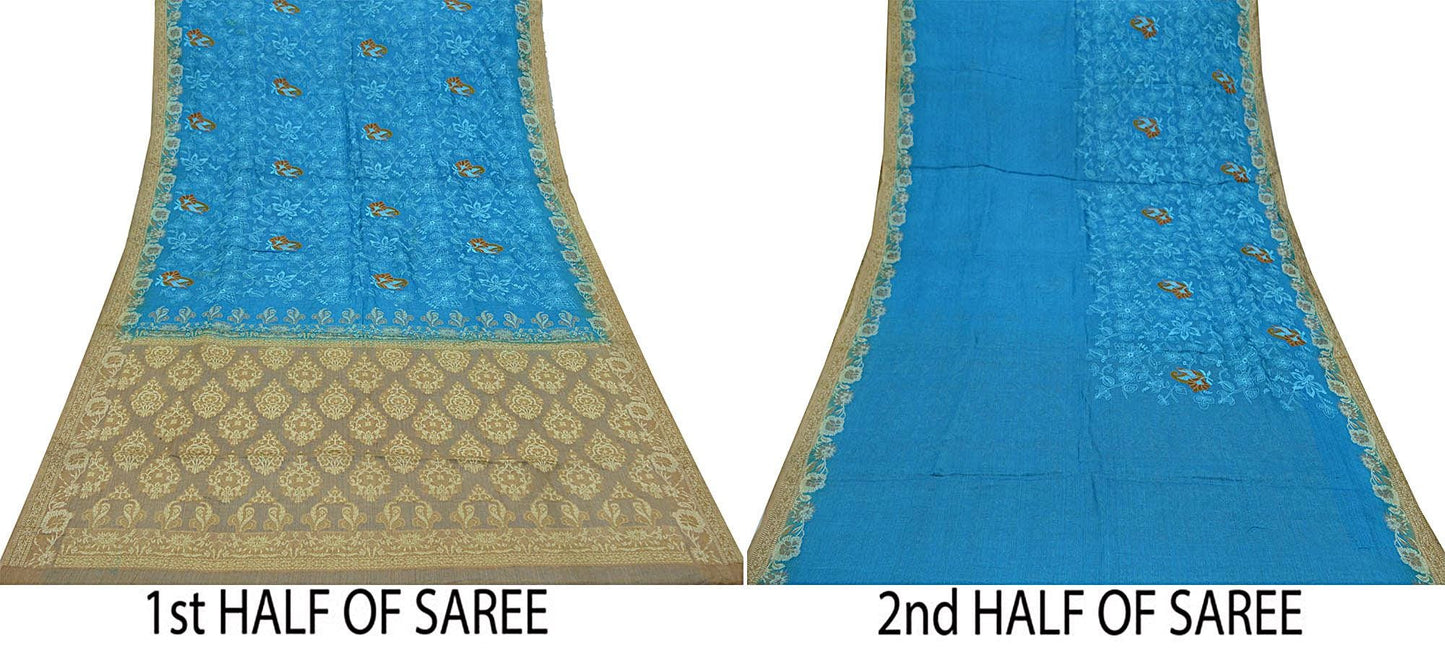 Indian Vintage Blue & Beige Sarees Pure Tussar Silk Hand Woven Sari Craft Fabric 5Yd Sewing Ethnic Dress making Upcycle Crafting Quilting