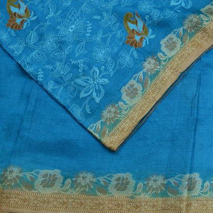 Indian Vintage Blue & Beige Sarees Pure Tussar Silk Hand Woven Sari Craft Fabric 5Yd Sewing Ethnic Dress making Upcycle Crafting Quilting