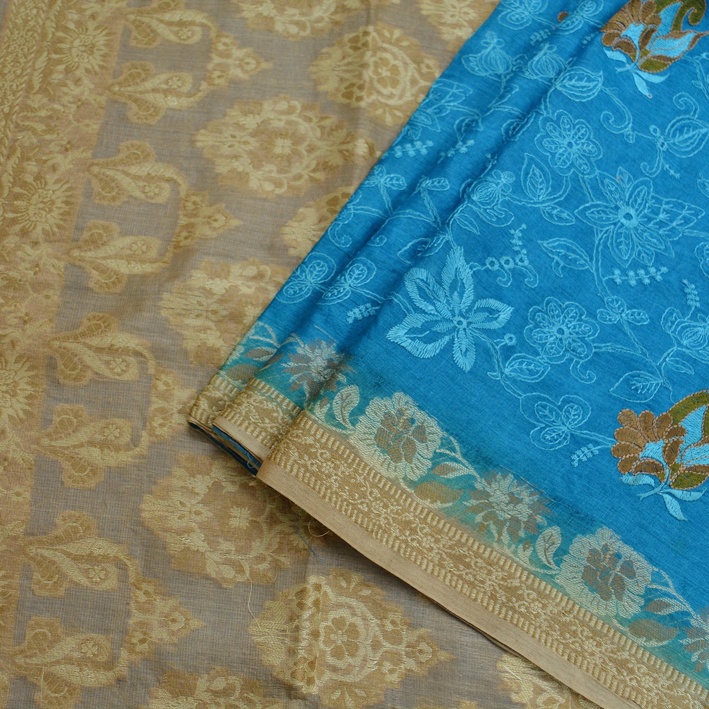 Indian Vintage Blue & Beige Sarees Pure Tussar Silk Hand Woven Sari Craft Fabric 5Yd Sewing Ethnic Dress making Upcycle Crafting Quilting