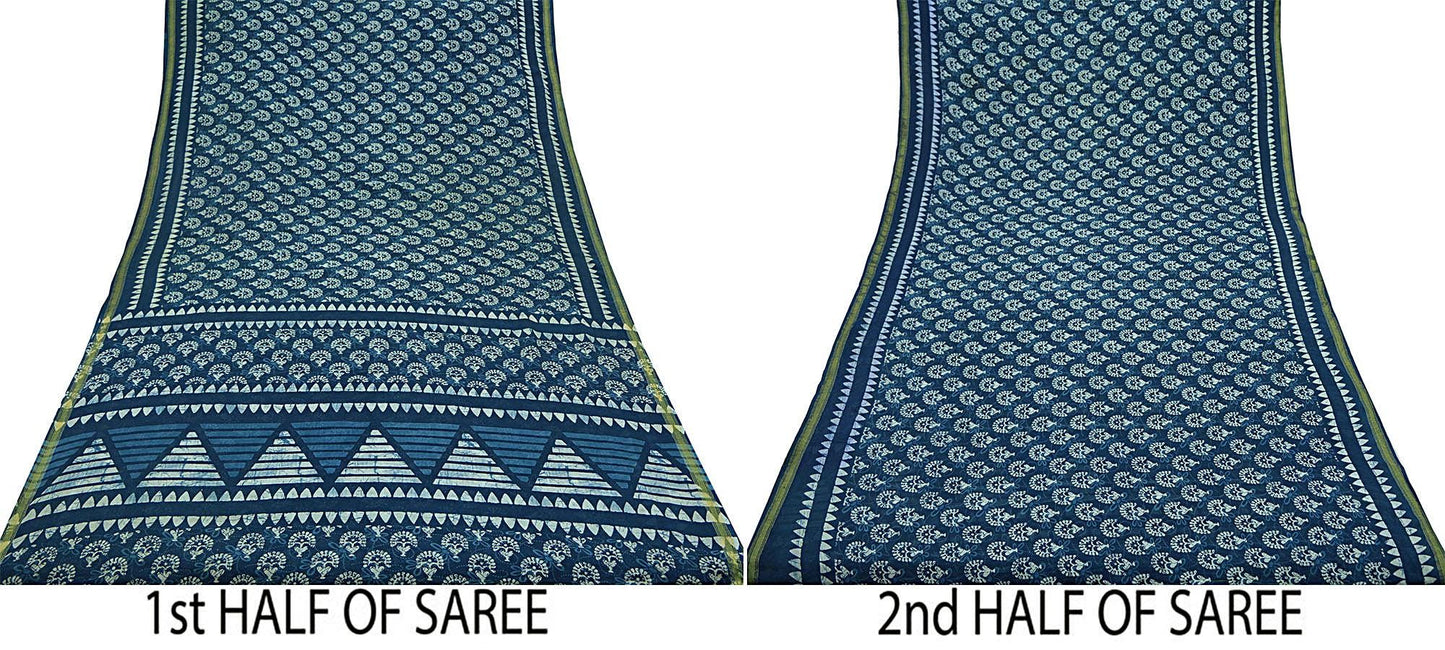 Indian Vintage Sari Blue Pure Chanderi Cotton Hand Block Printed Sarees 5Yd Craft Fabric Soft Sewing Sarong Dress Making Quilting Crafting