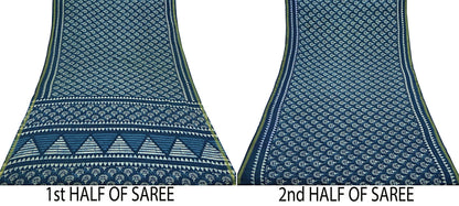 Indian Vintage Sari Blue Pure Chanderi Cotton Hand Block Printed Sarees 5Yd Craft Fabric Soft Sewing Sarong Dress Making Quilting Crafting