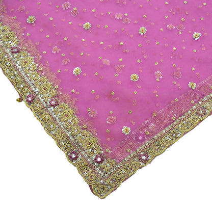 Indian Vintage Heavy Pink Dupatta Net Mesh Long Stole Hand Embroidered Scarves Silver Zardozi Dabka Zari Sequins