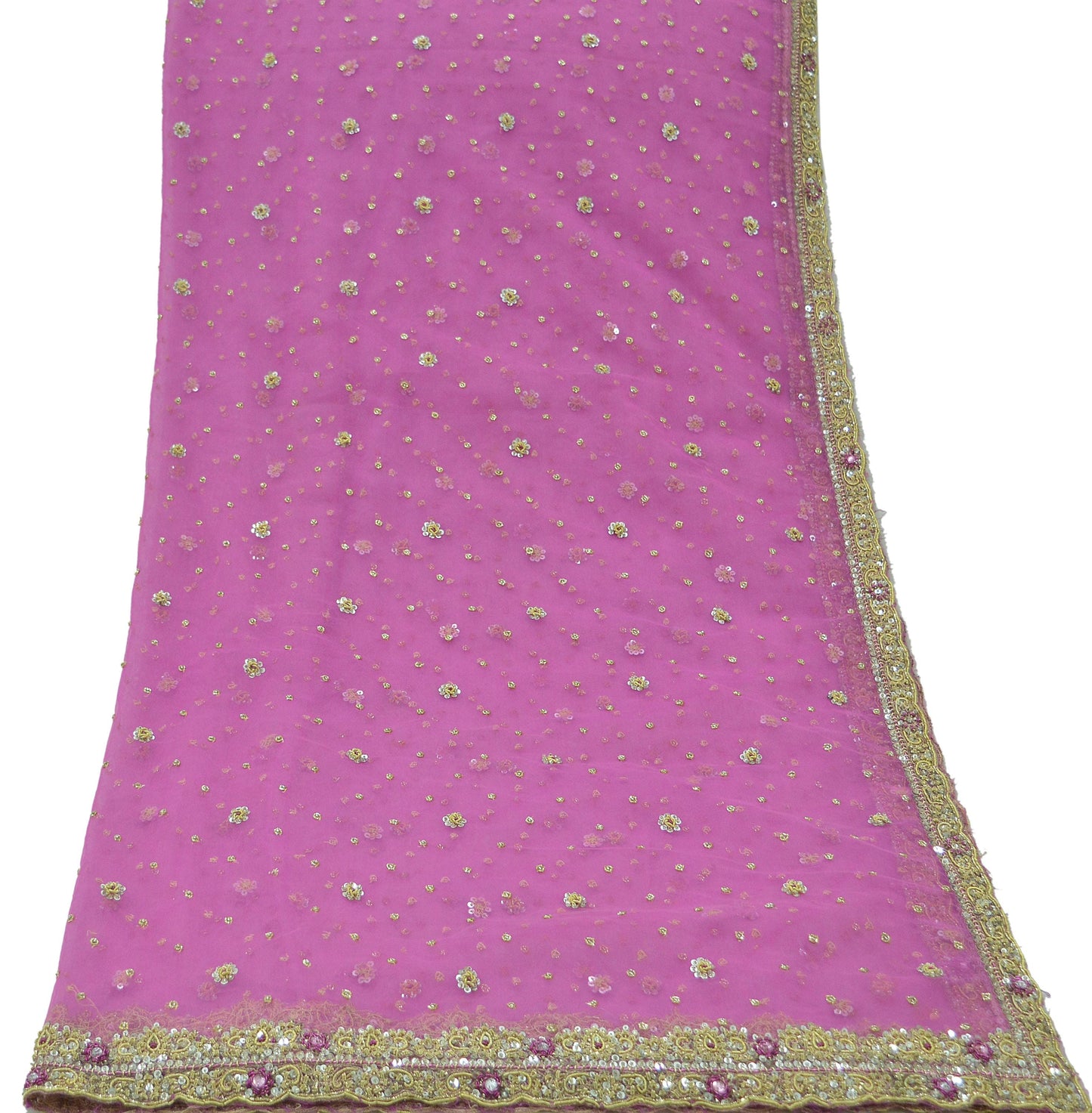 Indian Vintage Heavy Pink Dupatta Net Mesh Long Stole Hand Embroidered Scarves Silver Zardozi Dabka Zari Sequins