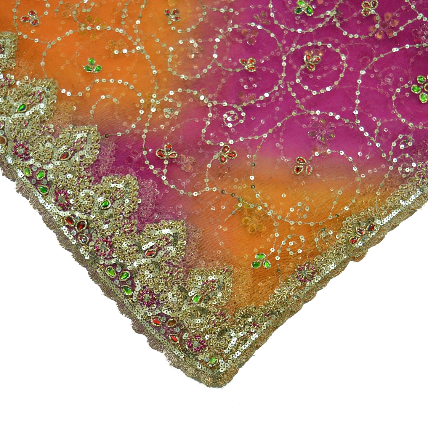 Indian Vintage Heavy Bridal Dupatta Saffron & Purple Net Mesh Long Stole Hand Embroidered Scarves Golden Zardozi Zari Sequins Wedding hijab