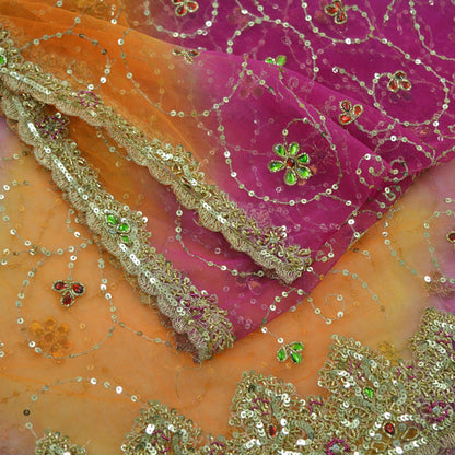 Indian Vintage Heavy Bridal Dupatta Saffron & Purple Net Mesh Long Stole Hand Embroidered Scarves Golden Zardozi Zari Sequins Wedding hijab