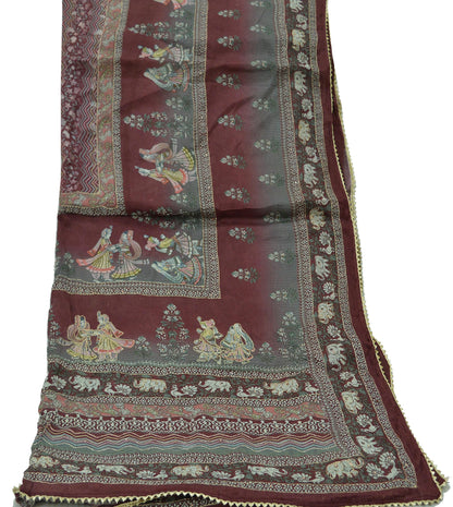 Women Indian Vintage Dupatta Maroon & gray Long Stole Pure silk Digital Printed Dupatta Veil Scarves soft Boho Wrap Dressmaking Floral