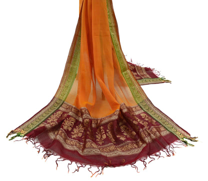 Indian Vintage Dupatta Saffron & maroon Long Stole Printed Woven Pure Chanderi Silk Indian Scarves Veil Golden Zari Soft Fringes