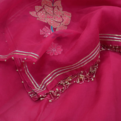 Indian Vintage Dupatta Pink Long Stole Pure Organza Silk Hand Embroidered Indian Scarves Veil Zari Sequins