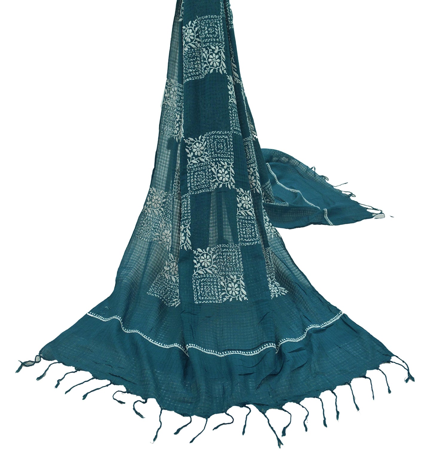 Indian Vintage Teal Blue Dupatta Long Stole Pure Cotton Handmade Chikankari Scarves Veil Scarf Wrap Hippie Boho Soft