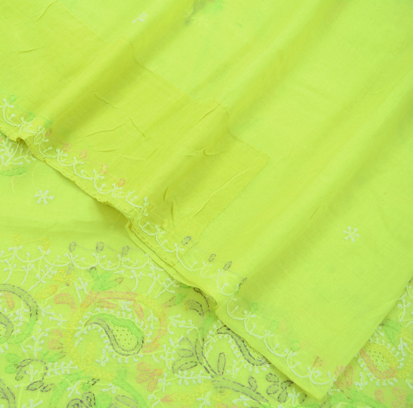 Indian Vintage Sari Cotton Yellow Handmade Chikankari Sarees Craft Fabric 5Yd Ethnic Paisley Dress making Crafting Quilting Upcycle