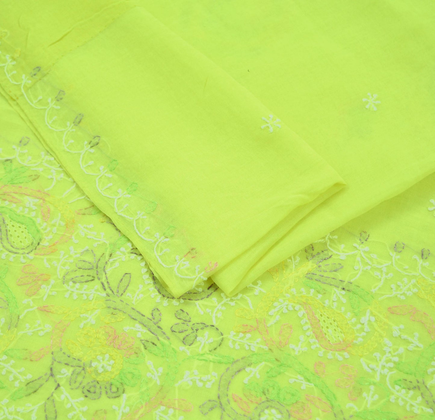 Indian Vintage Sari Cotton Yellow Handmade Chikankari Sarees Craft Fabric 5Yd Ethnic Paisley Dress making Crafting Quilting Upcycle