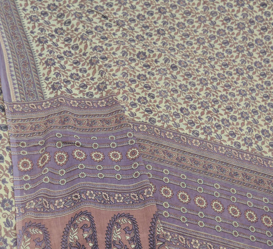 Indian Vintage Sari Purple & Ivory Pure Cotton Printed Saree 5Yd Craft Fabric Sewing Sarong Wrap Boho Floral Quilting crafting dressmaking