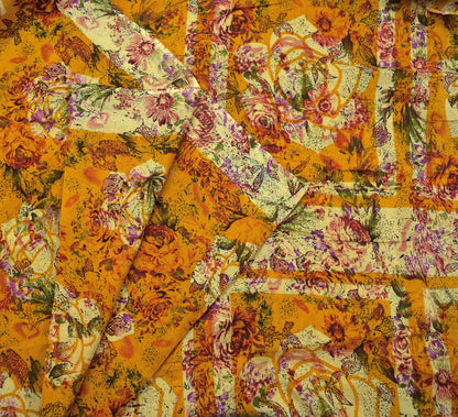 Indian Vintage Saffron & Beige Saree Printed Pure Cotton Indian Sari Craft Fabric 5Yd Sewing Soft Sarong Wrap Boho Floral Quilting Crafting