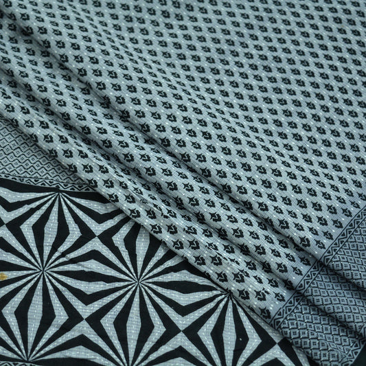 Indian Vintage Black & Gray Saree Printed Pure Cotton Indian Sari Craft Fabric 5Yd Sewing Soft Sarong Wrap Boho Floral Quilting Crafting
