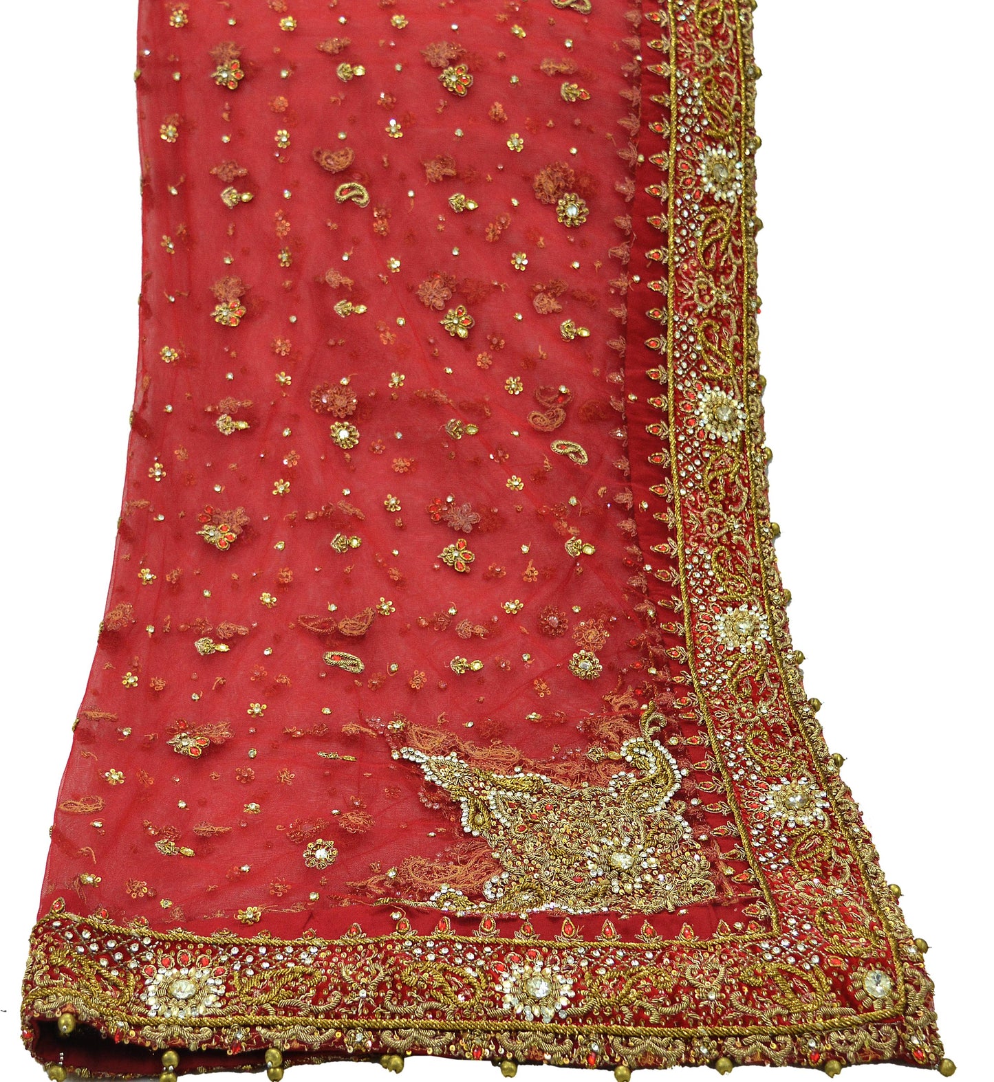 Indian Vintage Heavy Bridal Red Dupatta Net Mesh Long Stole Hand Embroidered Scarves Golden Zardozi Dabka Zari Sequins Wedding Veil Hijab