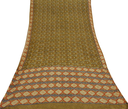 Women Vintage Sari Green Pure Chiffon Silk Printed Sarees Craft Fabric Sewing 6Yd Soft Dress Making Quilting Crafting Upcycle Floral