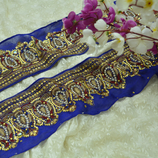 Indian Vintage Royal Blue Sari Border Hand Embroidered Craft Trim Lace Sewing Sari Ribbon Pure Crepe silk Zardozi/Dabka Zari