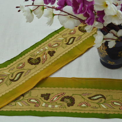 Indian Vintage Green Sari Border Hand Embroidered Indian Craft Trim Lace Sewing Sari Ribbon Pure Crepe silk  Zardozi/Dabka Zari