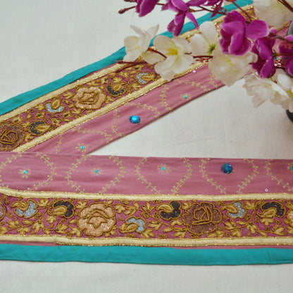 Indian Vintage Pink & Blue Sari Border Hand Embroidered Indian Craft Trim Lace Sewing Sari Ribbon Pure Crepe silk  Zardozi/Dabka Zari