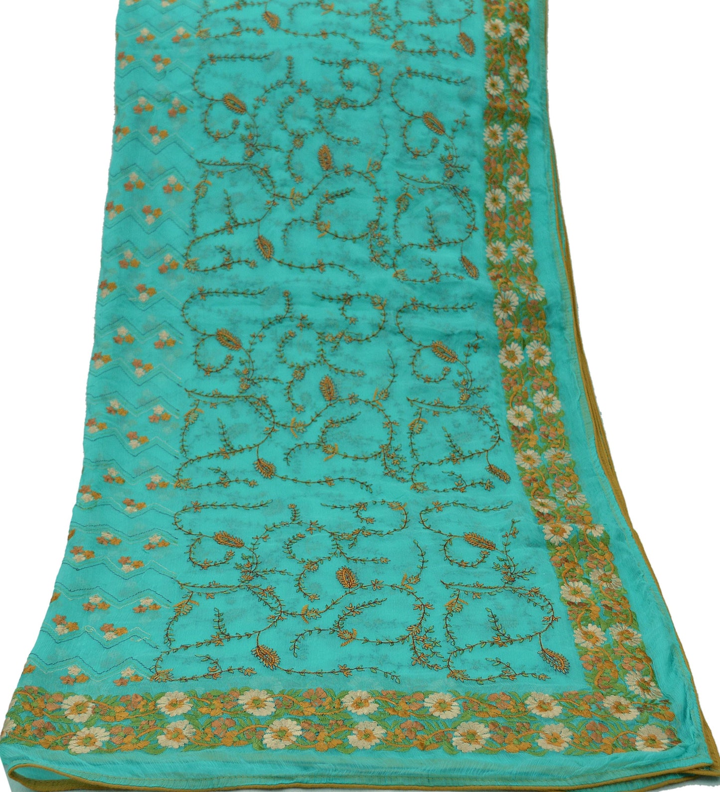 Indian Vintage Green Dupatta Blend Chiffon Long Stole Embroidered Scarves Floral Design Stole Veil Wrap