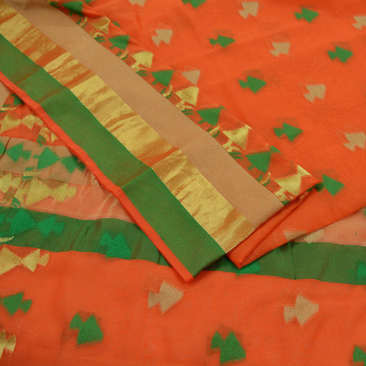 Indian Vintage Sari Orange Hand Woven Saree Organza Craft Fabric 6Yd Ethnic Sewing Geometric Zari Crafting Quilting Upcycle Dress making